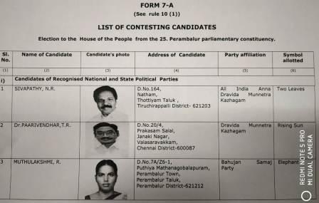 பெரம்பலூர் நாடாளுமன்ற தொகுதி வேட்பாளர்களுக்கான சின்னங்கள் ஒதுக்கீடு!
