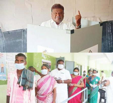 குன்னம் தொகுதி திமுக வேட்பாளர் சிவசங்கர் வரிசையில் சென்று வாக்களித்தார்.